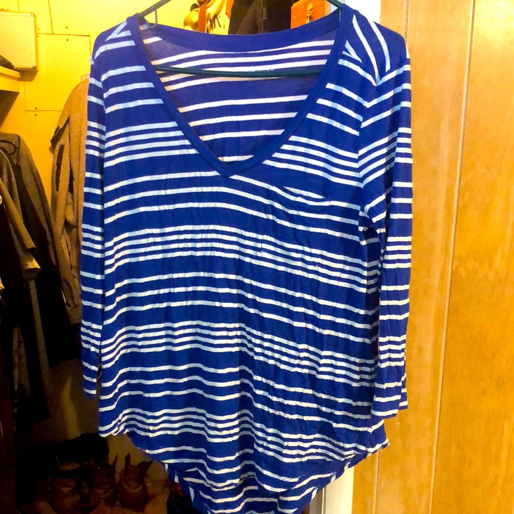 Long sleeve blue and white striped shirt